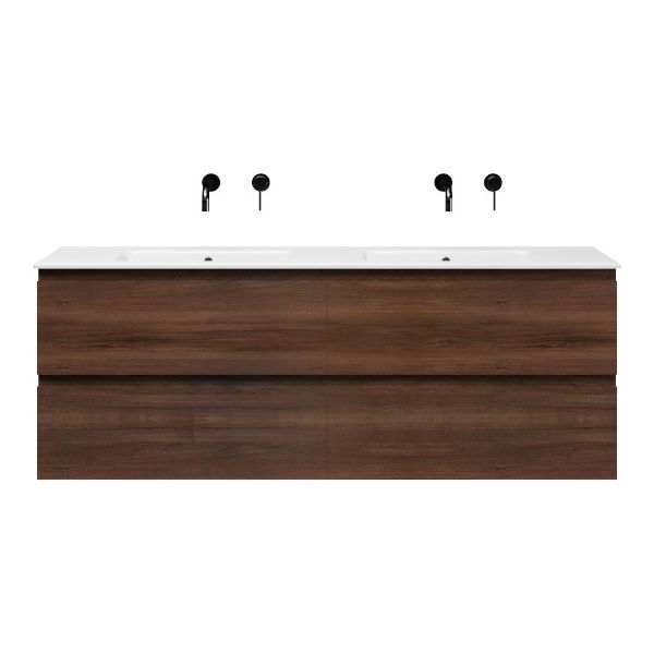 Bellanti Gisella/Etna badmeubel 160x46 4 softclose laden walnoot greeploos keramiek dubbele wastafel wit zonder kraangaten