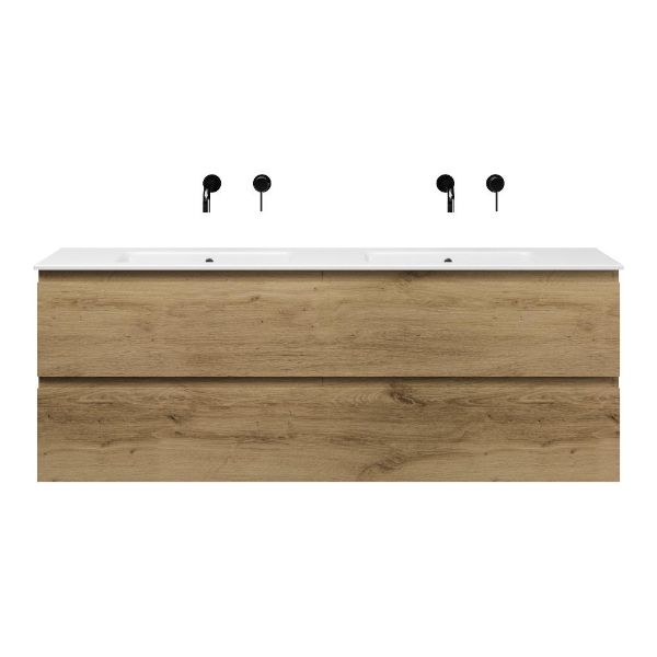 Bellanti Gisella/Etna badmeubel 160x46 4 softclose laden warm eiken greeploos keramiek dubbele wastafel wit zonder kraangaten