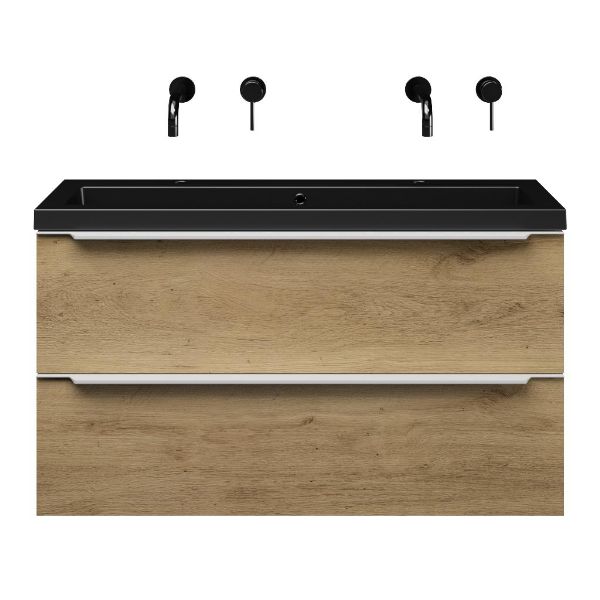 Bellanti Ambra/Esta ondiep badmeubel 100x36 2 softclose laden warm eiken met greep naar keuze polystone wastafel mat zwart zonder kraangaten