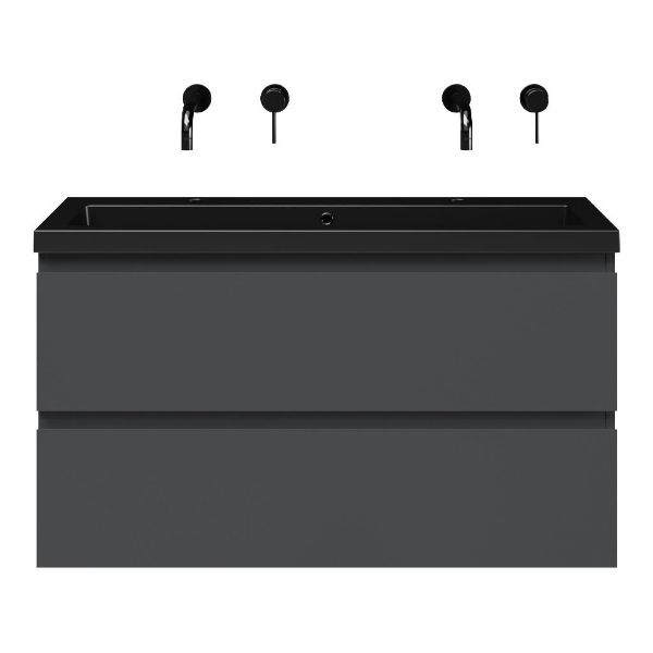 Bellanti Secca/Esta ondiep badmeubel 100x36 2 softclose laden antraciet mat greeploos polystone wastafel mat zwart zonder kraangaten