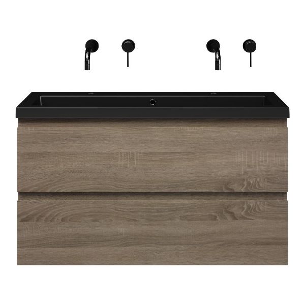 Bellanti Secca/Esta ondiep badmeubel 100x36 2 softclose laden donker eiken greeploos polystone wastafel mat zwart zonder kraangaten