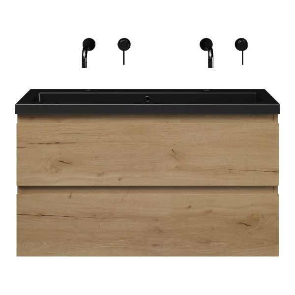 Bellanti Secca/Esta ondiep badmeubel 100x36 2 softclose laden eiken natuur greeploos polystone wastafel mat zwart zonder kraangaten