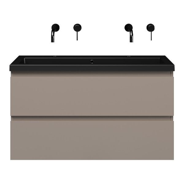 Bellanti Secca/Esta ondiep badmeubel 100x36 2 softclose laden taupe greeploos polystone wastafel mat zwart zonder kraangaten