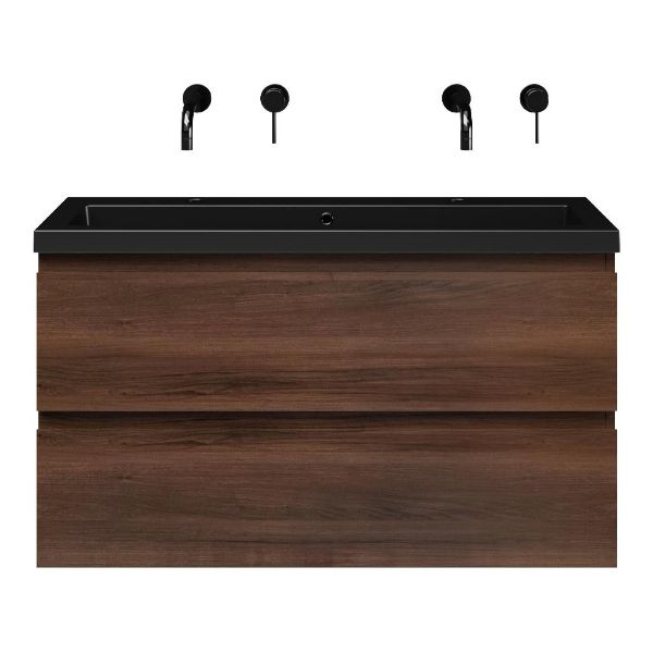 Bellanti Secca/Esta ondiep badmeubel 100x36 2 softclose laden walnoot greeploos polystone wastafel mat zwart zonder kraangaten