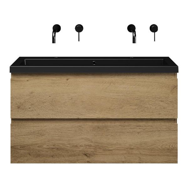 Bellanti Secca/Esta ondiep badmeubel 100x36 2 softclose laden warm eiken greeploos polystone wastafel mat zwart zonder kraangaten