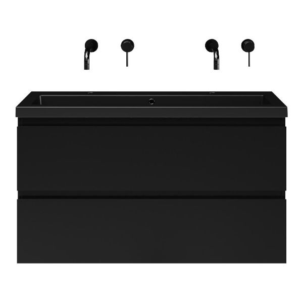 Bellanti Secca/Esta ondiep badmeubel 100x36 2 softclose laden zwart mat greeploos polystone wastafel mat zwart zonder kraangaten
