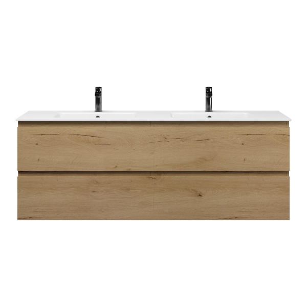 Bellanti Elena/Etna badmeubel 160x46 4 softclose laden eiken natuur greeploos keramiek dubbele wastafel wit 2 kraangaten