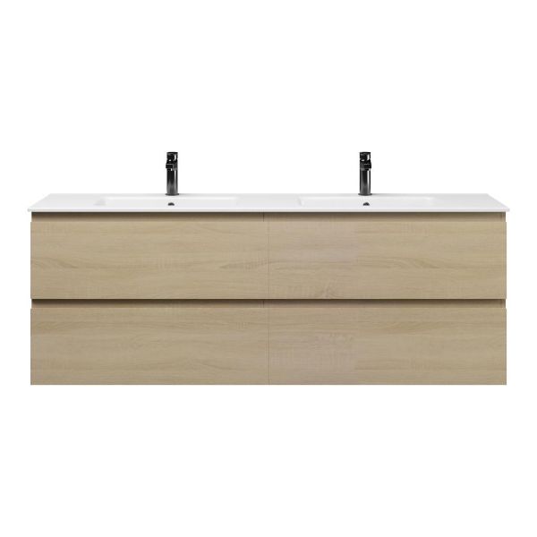 Bellanti Elena/Etna badmeubel 160x46 4 softclose laden eiken licht greeploos keramiek dubbele wastafel wit 2 kraangaten