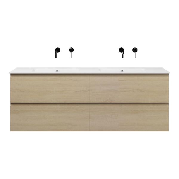 Bellanti Elena/Etna badmeubel 160x46 4 softclose laden eiken licht greeploos keramiek dubbele wastafel wit zonder kraangaten