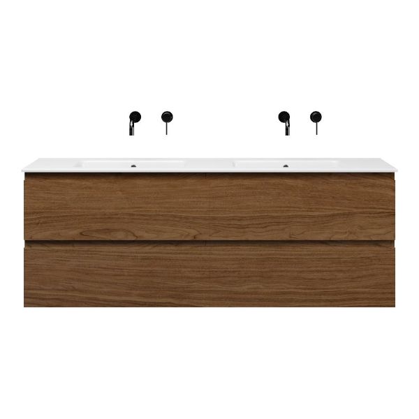 Bellanti Elena/Etna badmeubel 160x46 4 softclose laden warm noten greeploos keramiek dubbele wastafel wit zonder kraangaten