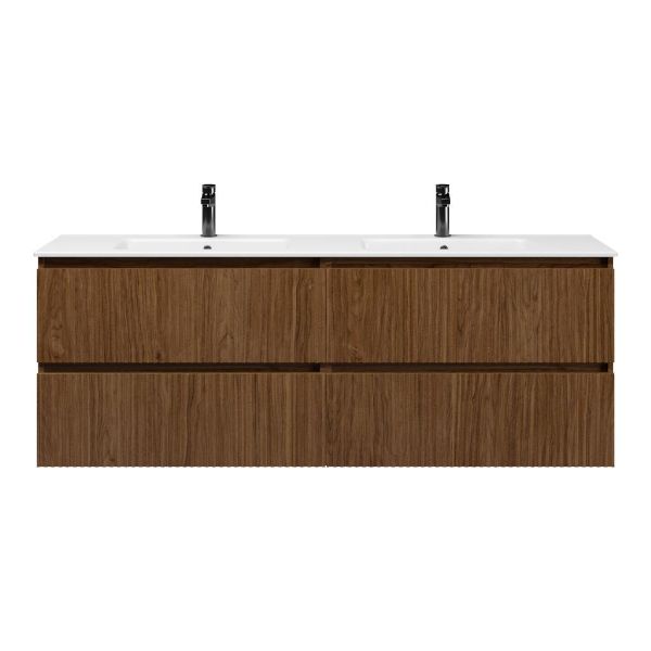 Bellanti Silvan/Etna badmeubel 160x46 4 softclose laden met ribbel - latjes structuur warm noten greeploos keramiek dubbele wastafel wit 2 kraangaten