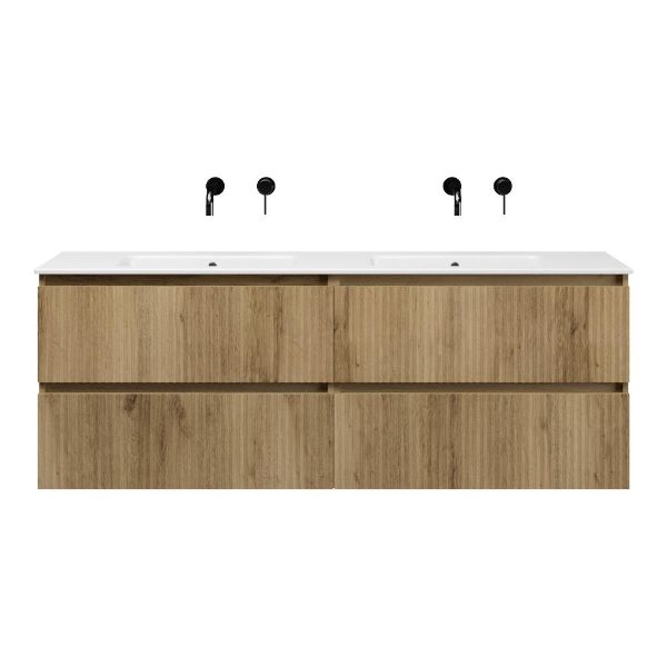Bellanti Silvan/Etna badmeubel 160x46 4 softclose laden warm eiken greeploos keramiek dubbele wastafel wit zonder kraangaten