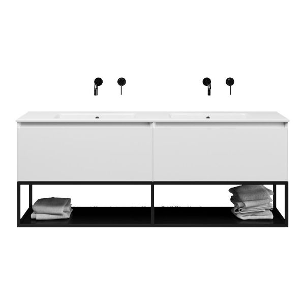 Bellanti Solo/Tela/Etna badmeubel 160x46 2 softclose laden hoogglans wit greeploos keramiek dubbele wastafel wit zonder kraangaten met mat zwart metalen frame