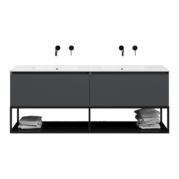 Bellanti Solo/Tela/Etna badmeubel 160x46 2 softclose laden mat antraciet greeploos keramiek dubbele wastafel wit zonder kraangaten met mat zwart metalen frame