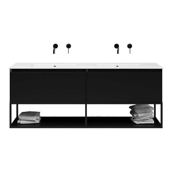 Bellanti Solo/Tela/Etna badmeubel 160x46 2 softclose laden mat zwart greeploos keramiek dubbele wastafel wit zonder kraangaten met mat zwart metalen frame