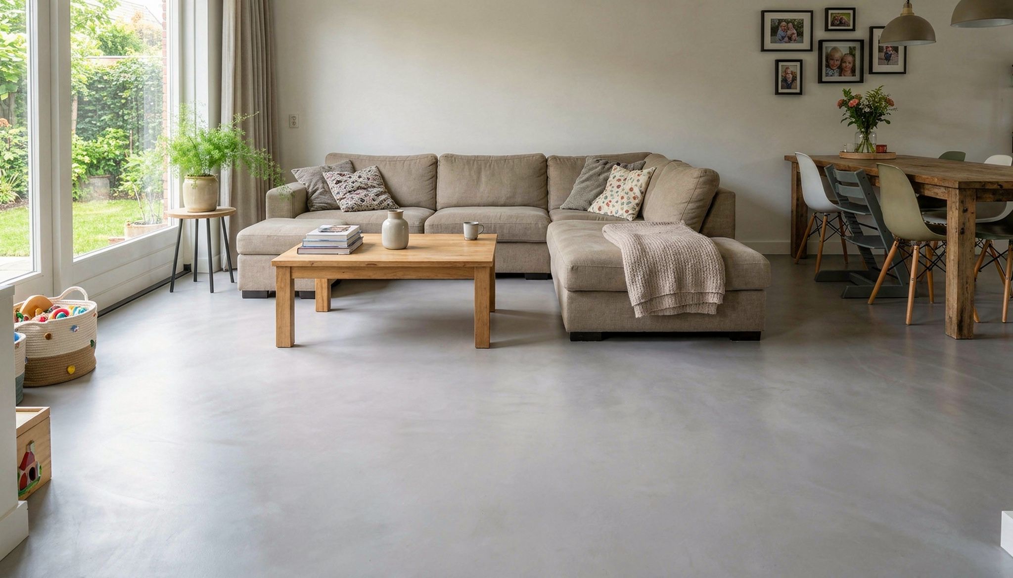 Lichte woonkamer met een grijze gietvloer in betonlook, doorlopend tot onder de eettafel