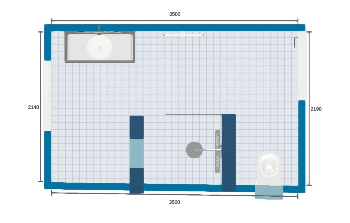 Plattegrond van de badkamer met exacte maatvoering, onderdeel van het ontwerp door Woonklasse