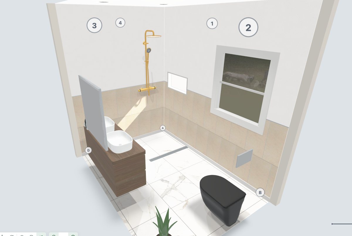 Dezelfde badkamer in 3D in Woonklasse 3D, met inloopdouche, badmeubel en hangtoilet
